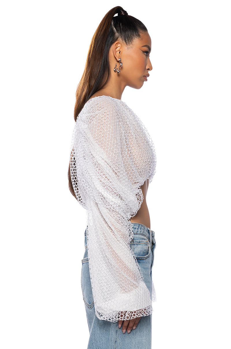 BELLE LONG SLEEVE SEQUIN MESH BLOUSE IN WHITE