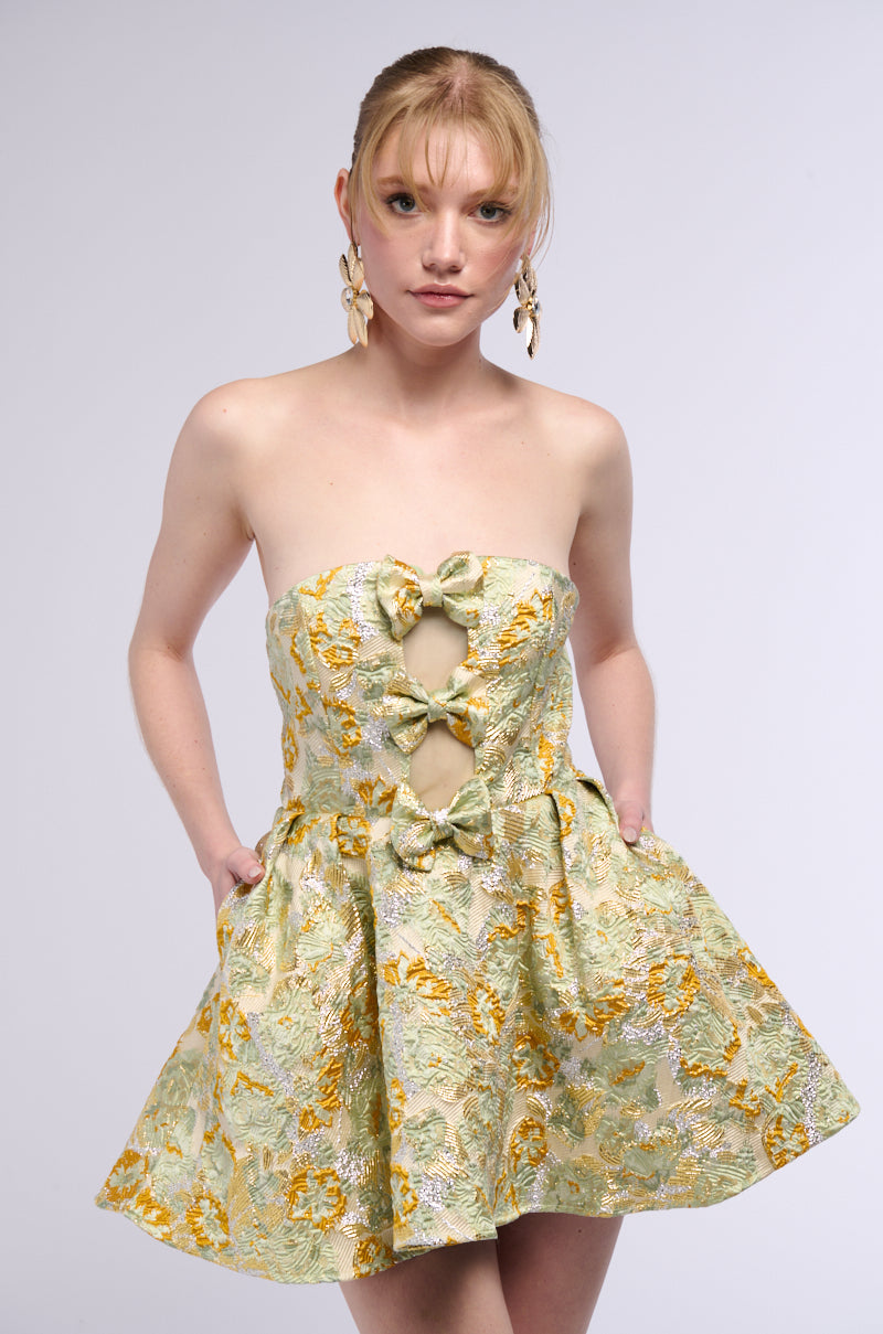 BELLE OF THE BALL BROCADE MINI DRESS IN GREEN MULTI