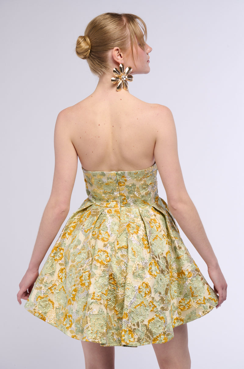 BELLE OF THE BALL BROCADE MINI DRESS IN GREEN MULTI