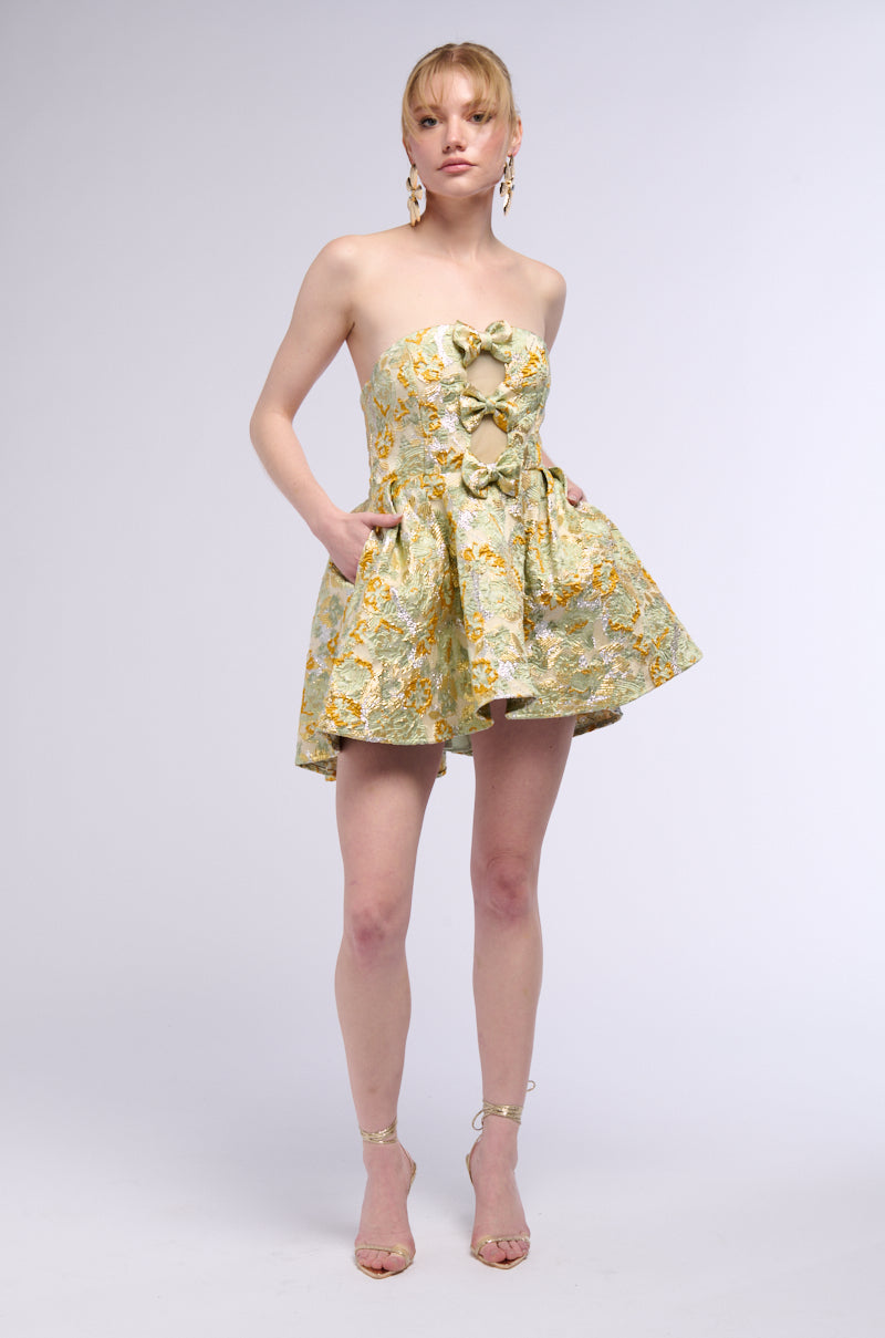 BELLE OF THE BALL BROCADE MINI DRESS IN GREEN MULTI