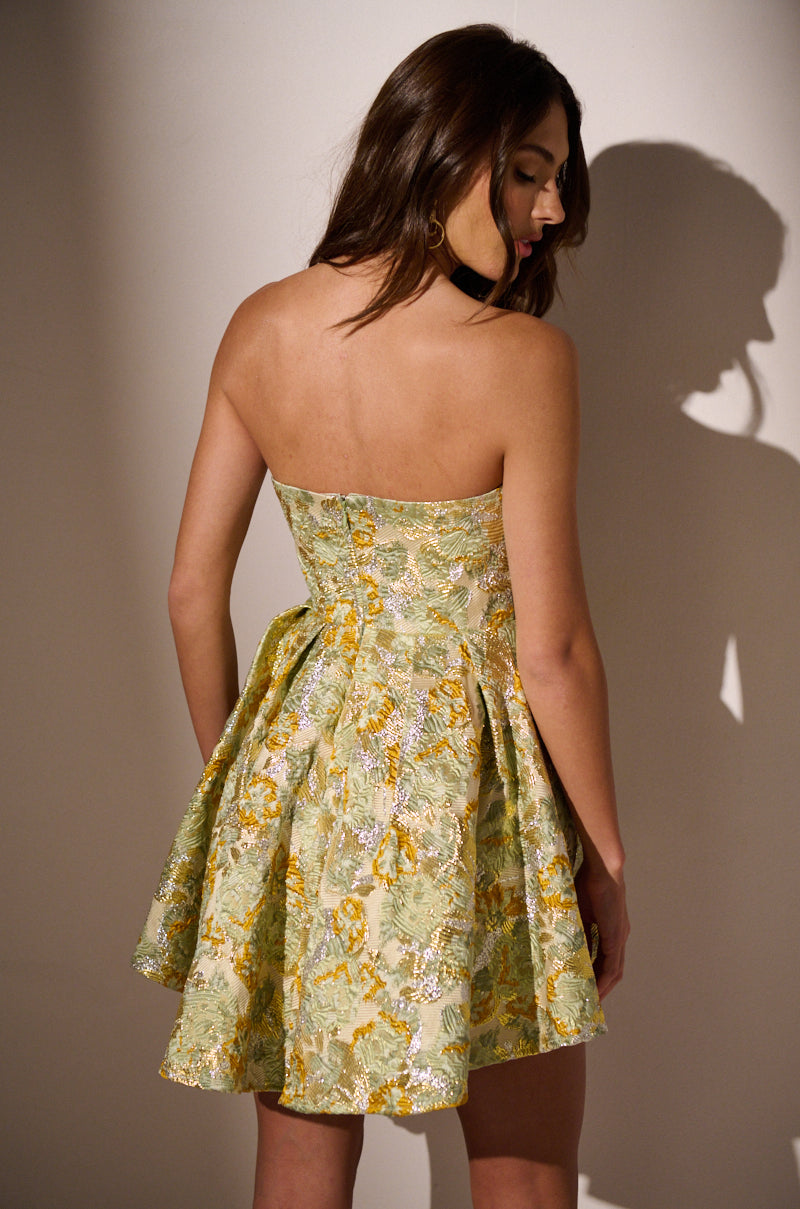 BELLE OF THE BALL BROCADE MINI DRESS IN GREEN MULTI
