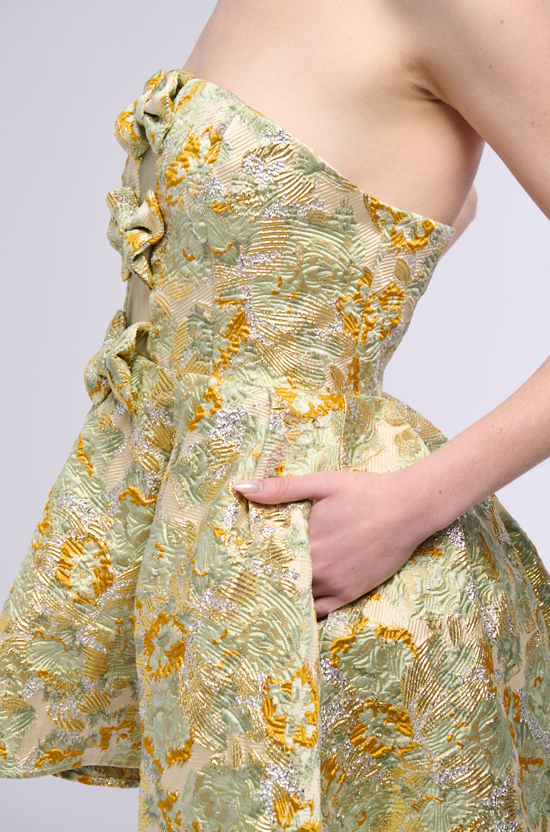 BELLE OF THE BALL BROCADE MINI DRESS IN GREEN MULTI