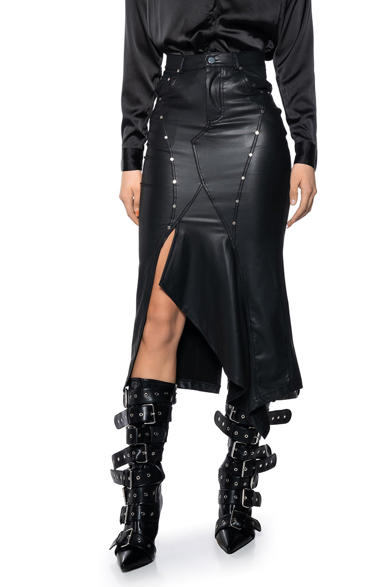 BITE ME ASYMMETRICAL FAUX LEATHER MIDI SKIRT