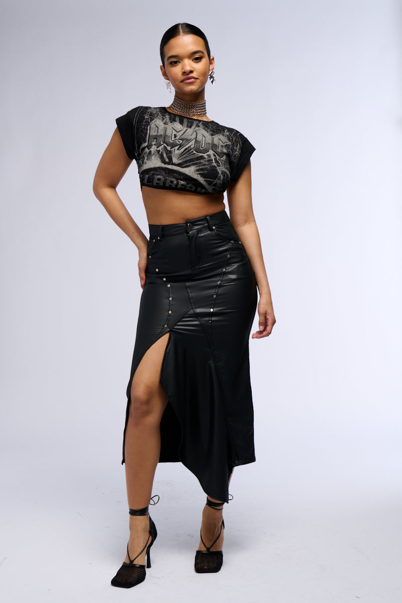 BITE ME ASYMMETRICAL FAUX LEATHER MIDI SKIRT