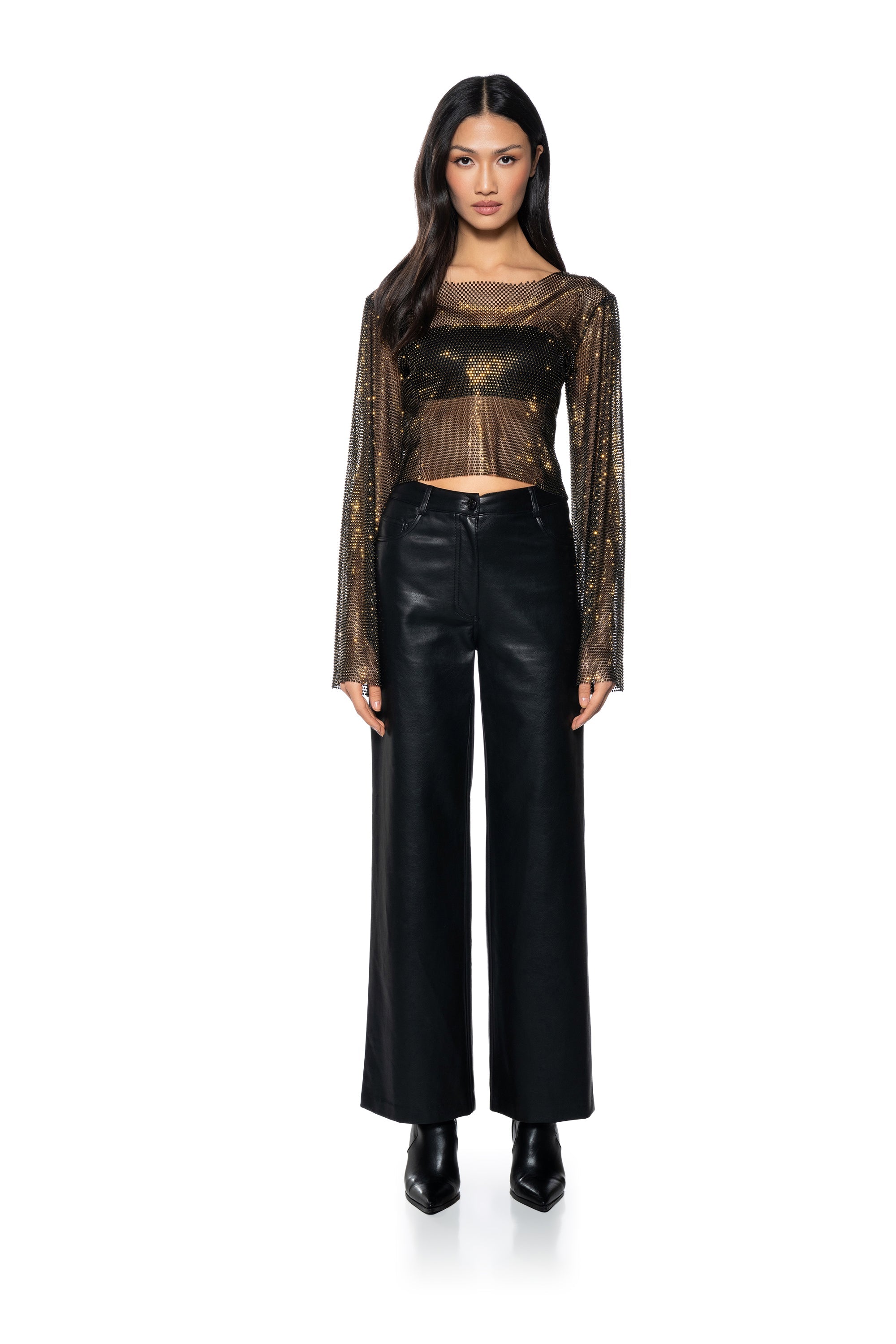 BLURRED LOVE LONG SLEEVE RHINESTONE TOP IN BLACK