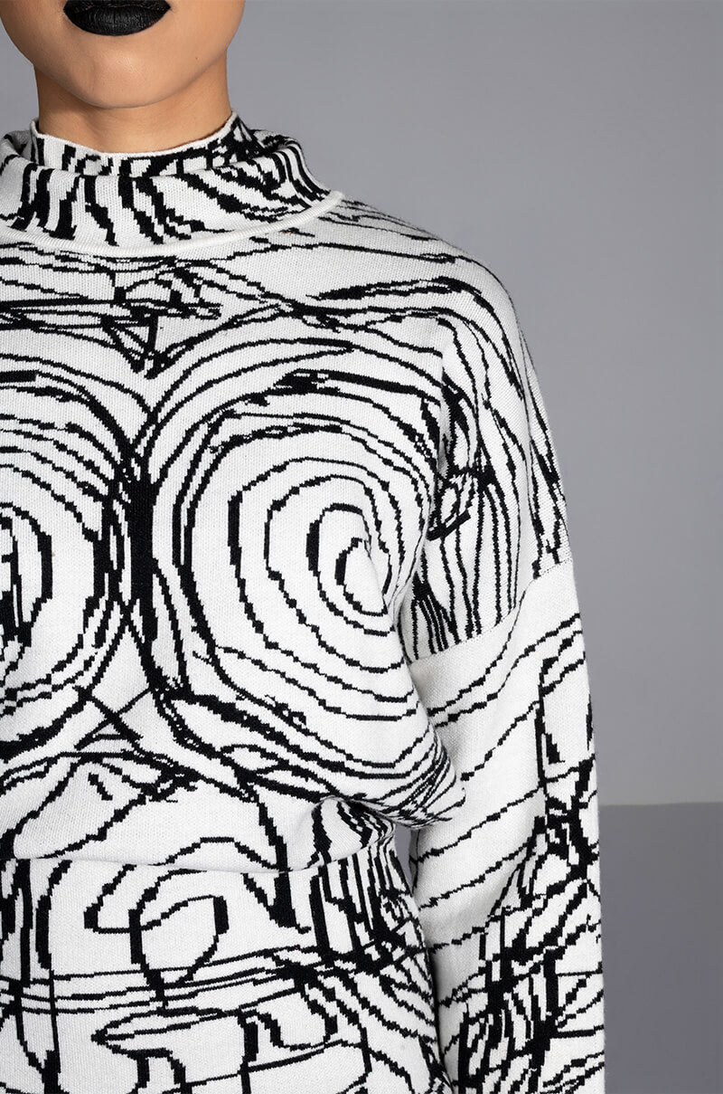 BODY WORK ABSTRACT LONG SLEEVE KNIT MINI DRESS