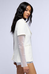 BONJOUR RHINESTONE SLEEVE BLAZER IN WHITE