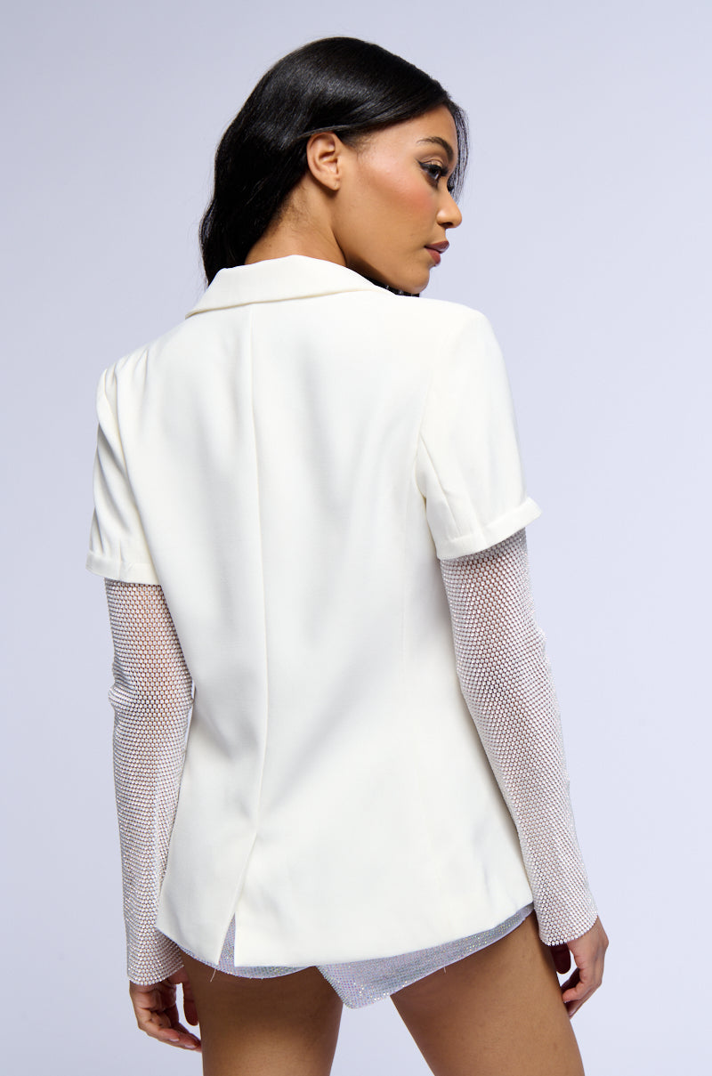 BONJOUR RHINESTONE SLEEVE BLAZER IN WHITE