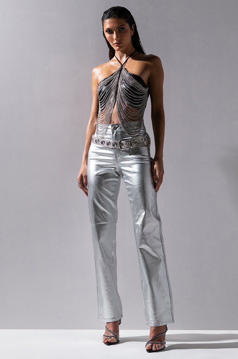 BORN TO SHINE METALLIC STRAIGHT LEG PANTS IN SILVER