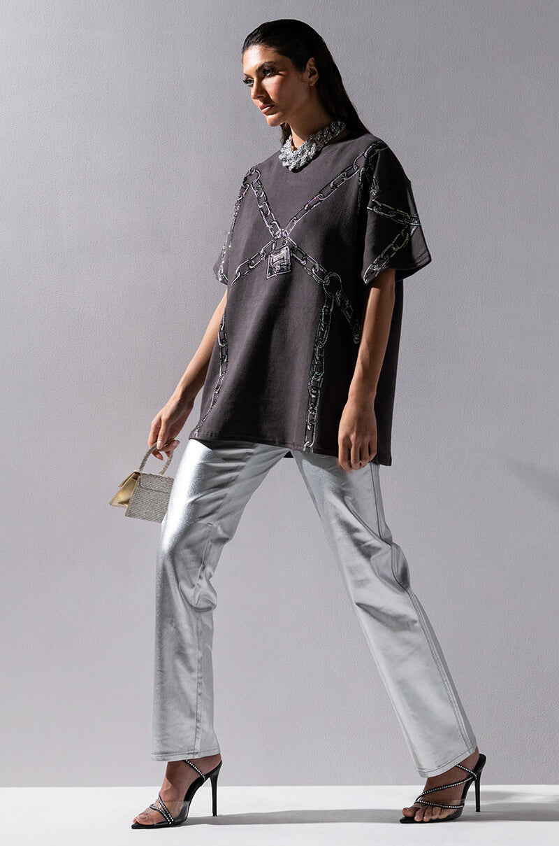 BORN TO SHINE METALLIC STRAIGHT LEG PANTS IN SILVER