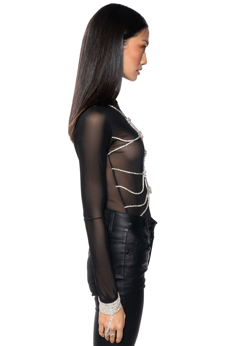 BOUT TIME RHINESTONE CHAIN LONG SLEEVE MOCK NECK MESH BODYSUIT