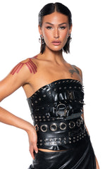 BUCKLED UP FAUX LEATHER STUDDED CORSET