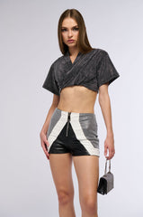 CALICO EMBELLISHED SURPLICE CROPPED T SHIRT