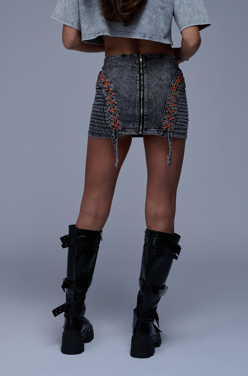 CALLIE LACE UP DENIM MINI SKIRT