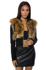 COLDEST WINTER ZIP UP FAUX FUR TRIM KNIT SWEATER IN BLACK MULTI