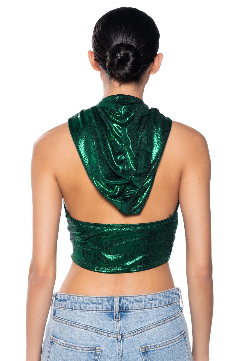 COME THROUGH HOODED METALLIC CROP TOP