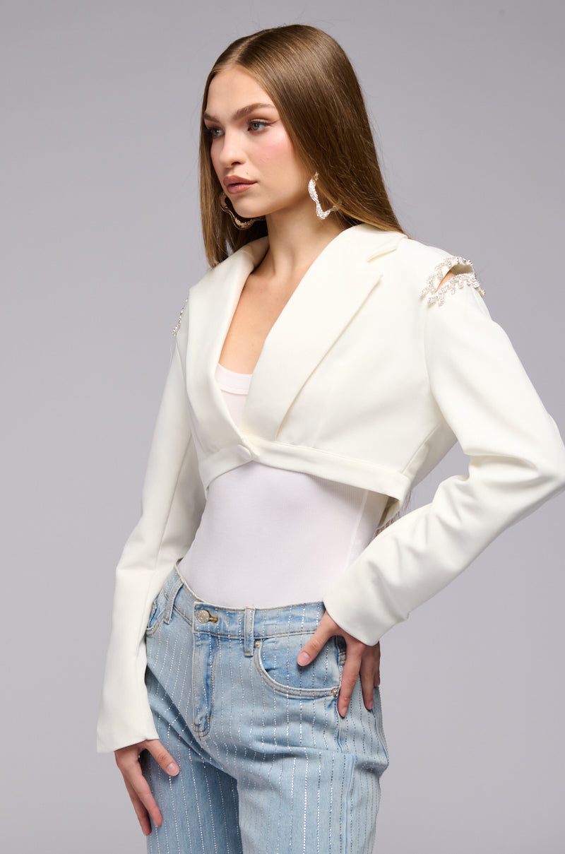 CROP COLD SHOULDER BLAZER WTIH RHINESTONE