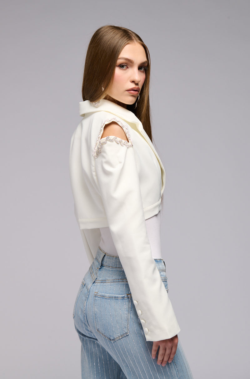 CROP COLD SHOULDER BLAZER WTIH RHINESTONE