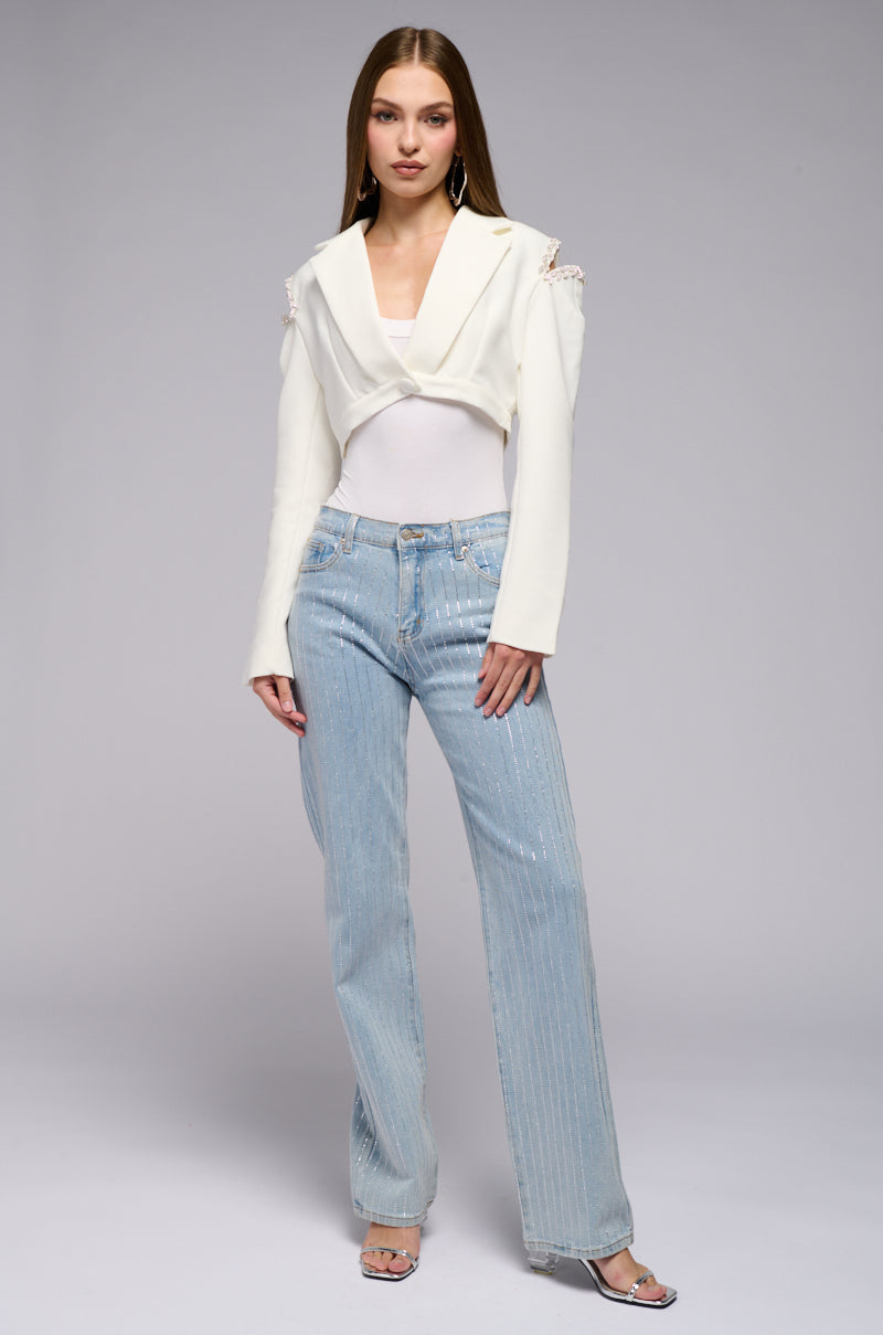 CROP COLD SHOULDER BLAZER WTIH RHINESTONE