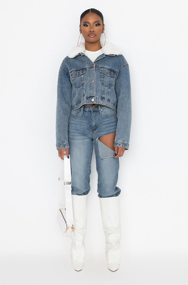 CROP DENIM JACKET WITH PLUSH COLLAR