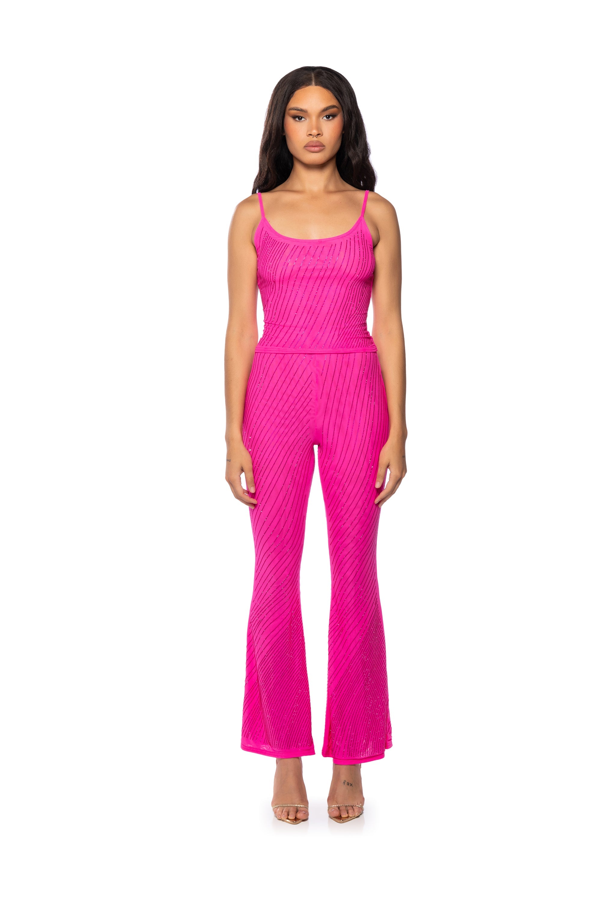 CUFF IT EMBELLISHED MESH FLARE LEG TROUSER