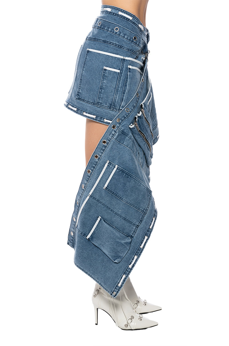 CURIOUS ABOUT YOU ASYMMETRICAL DENIM UTILITY SKIRT