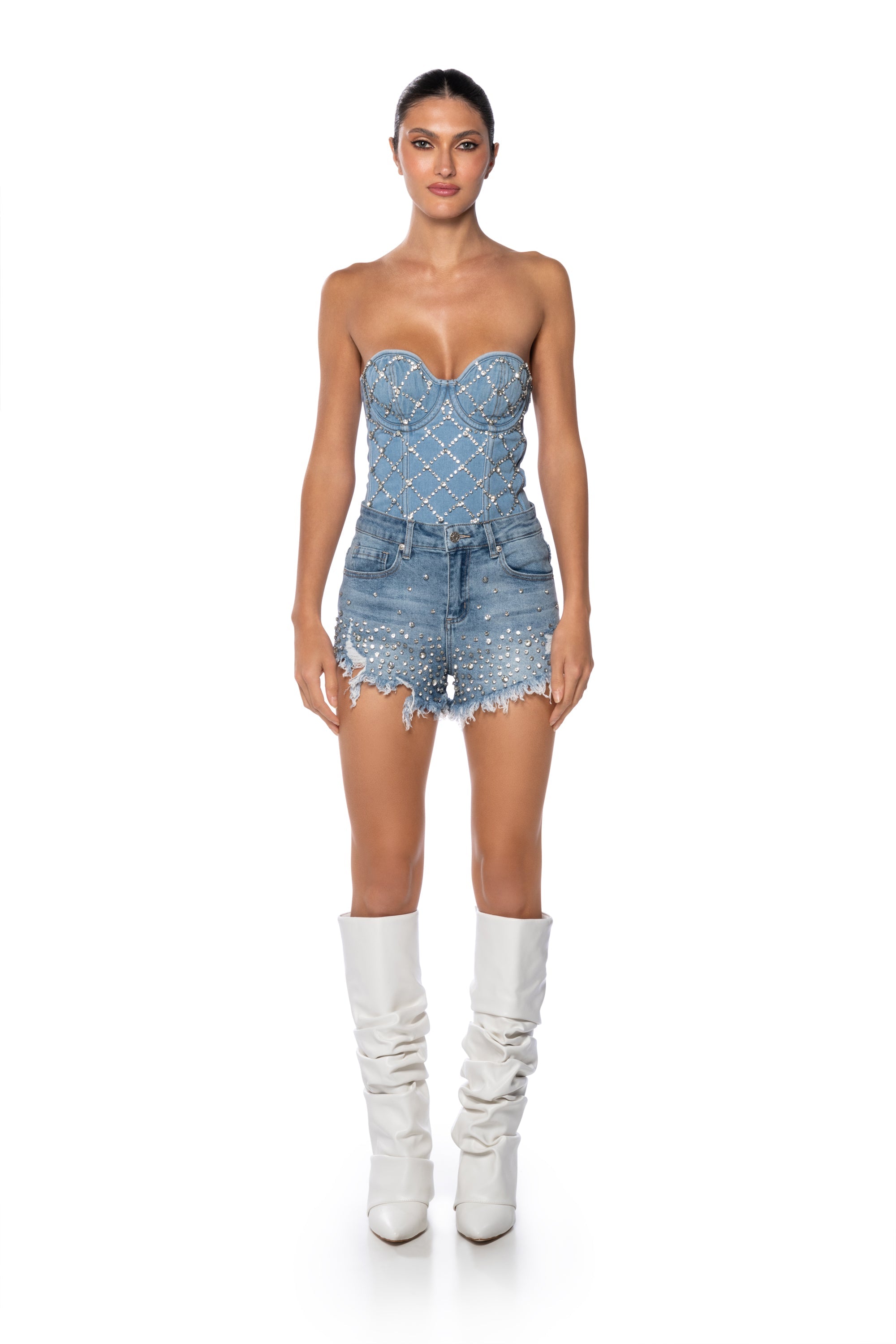 DANCING IN THE RAIN DISTRESSED RHINESTONE DENIM SHORTS