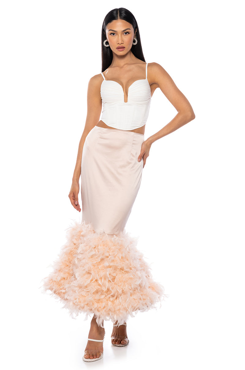 DELLA FEATHER HEM MAXI SKIRT IN LIGHT PINK