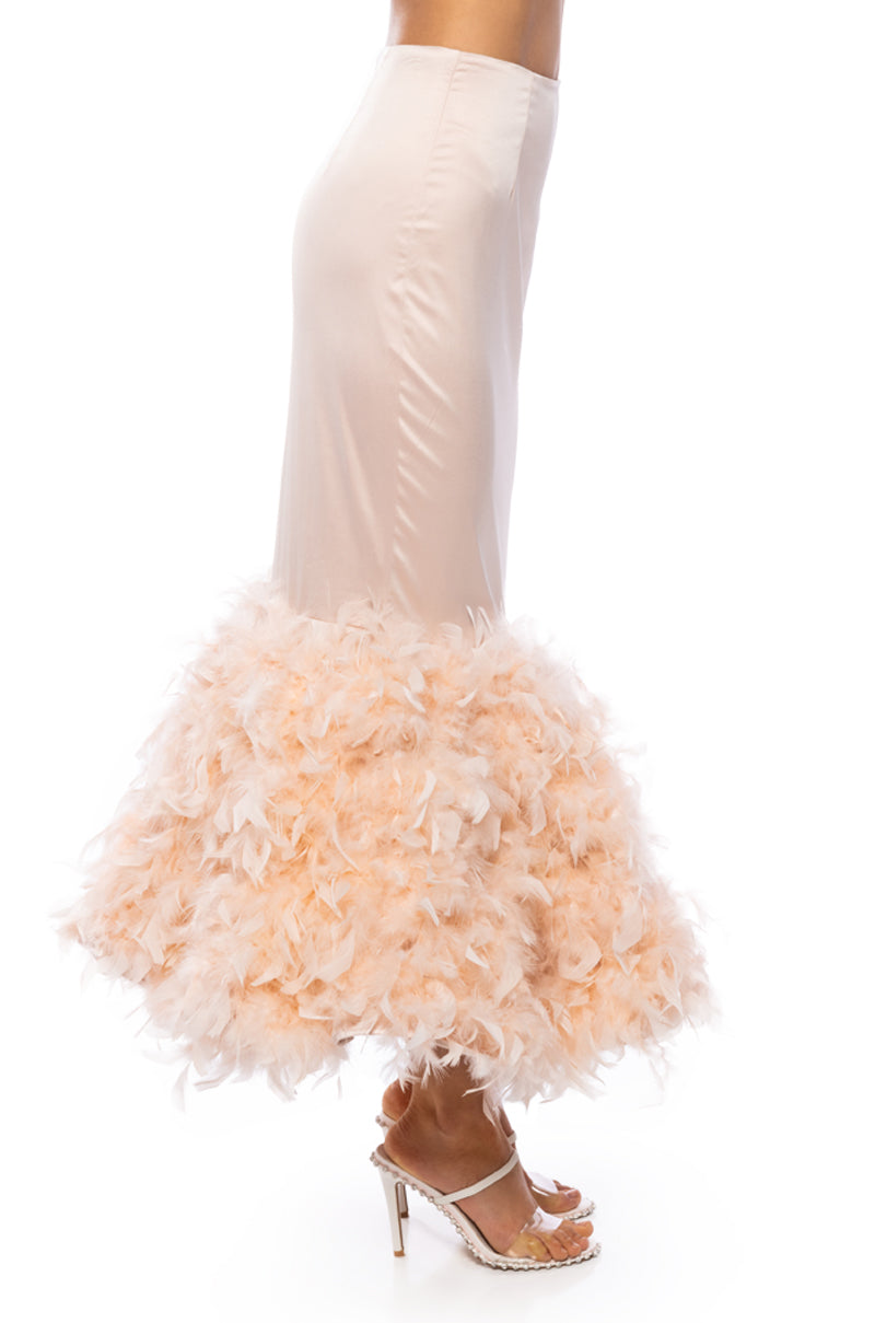 DELLA FEATHER HEM MAXI SKIRT IN LIGHT PINK