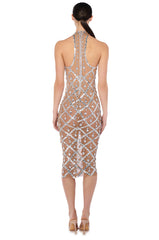 DIAMONDS ARE FOREVER MESH MIDI DRESS IN BEIGE