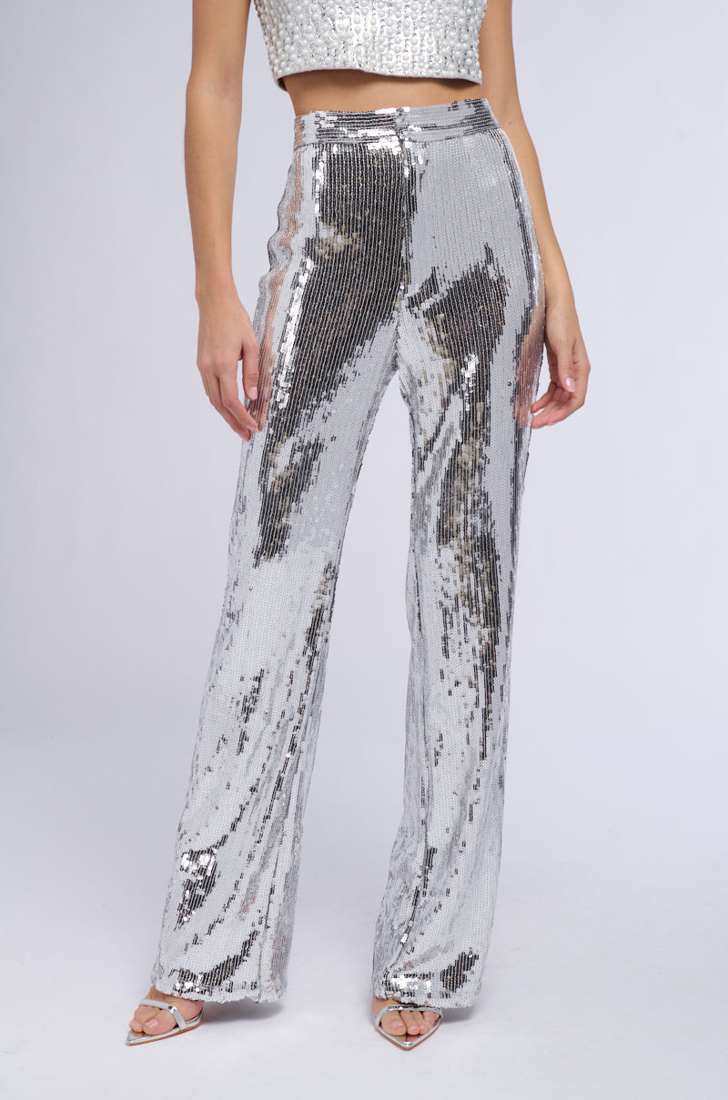 DISCO FEVER SEQUIN EMBELLISHED HIGH WAIST FLARE PANT IN SILVER