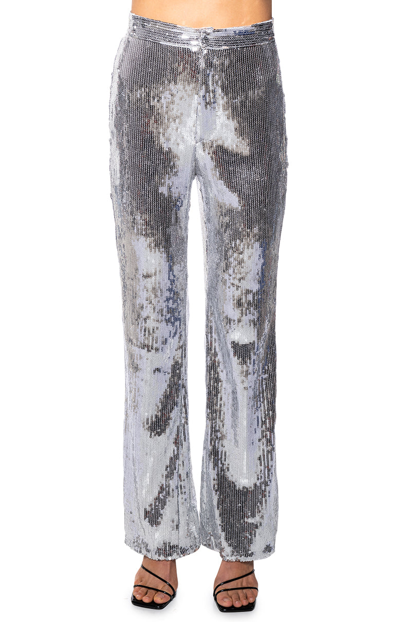 DISCO FEVER SEQUIN EMBELLISHED HIGH WAIST FLARE PANT IN SILVER