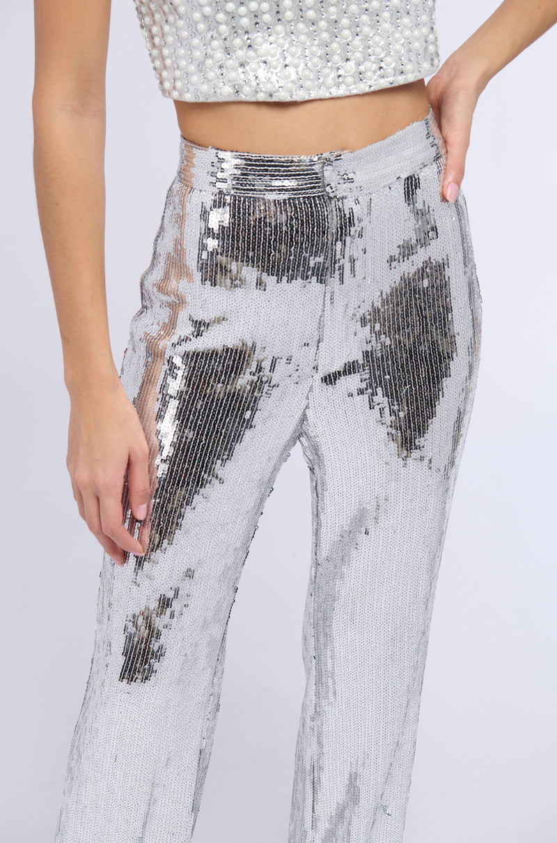 DISCO FEVER SEQUIN EMBELLISHED HIGH WAIST FLARE PANT IN SILVER