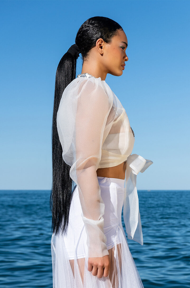 ANTOINETTE RHINESTONE TIE FRONT ORGANZA BLOUSE