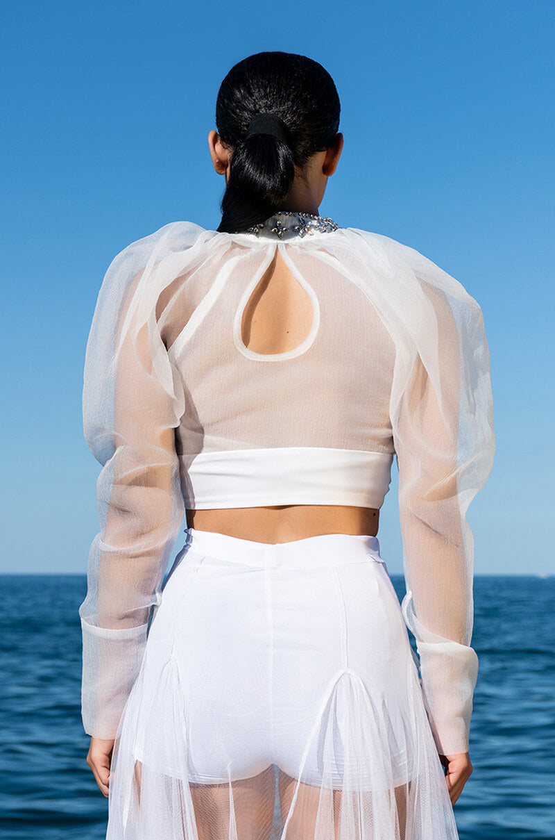 ANTOINETTE RHINESTONE TIE FRONT ORGANZA BLOUSE