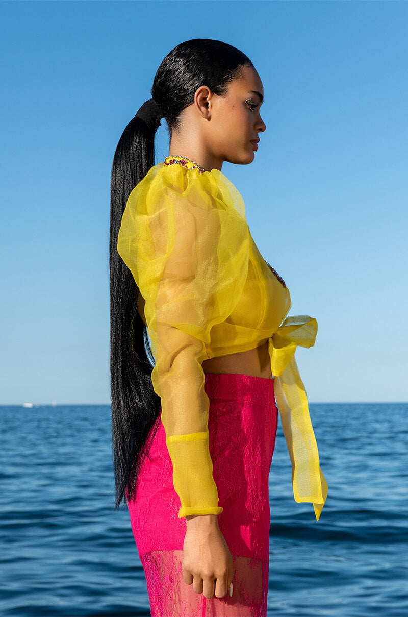 ANTOINETTE RHINESTONE TIE FRONT ORGANZA BLOUSE