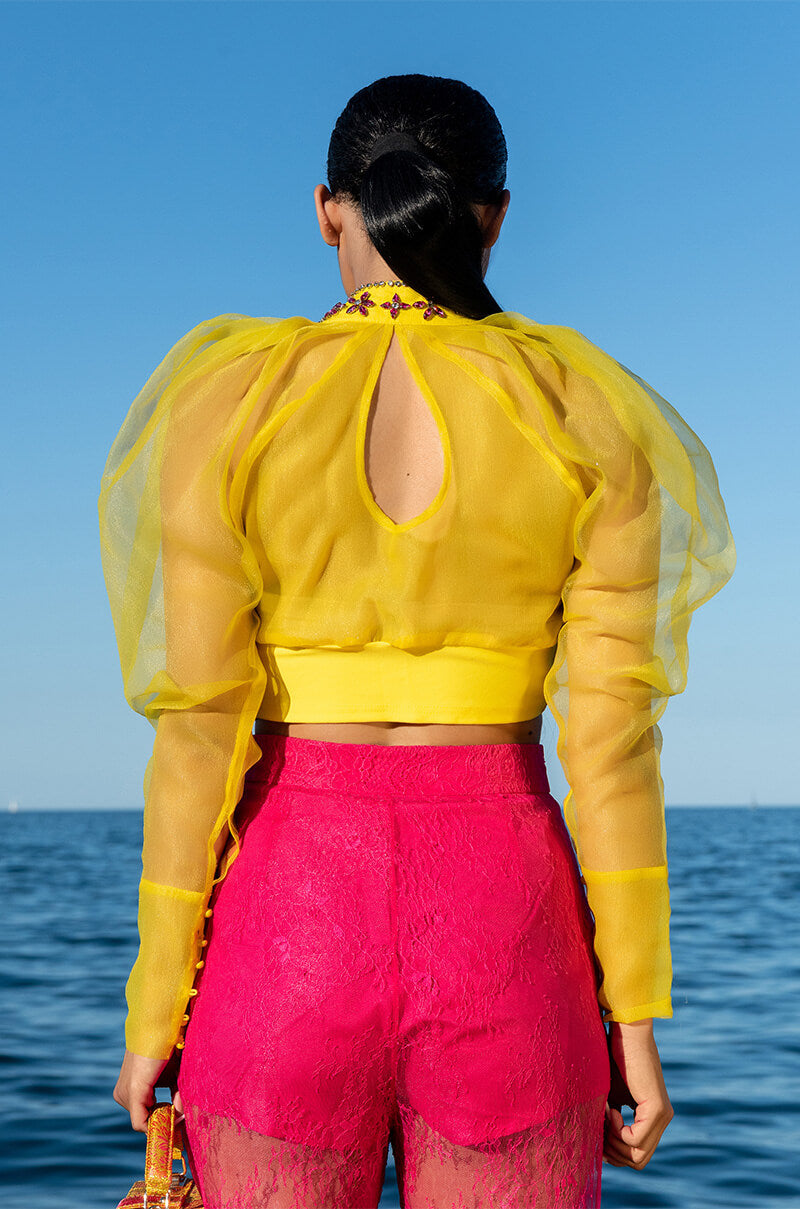 ANTOINETTE RHINESTONE TIE FRONT ORGANZA BLOUSE