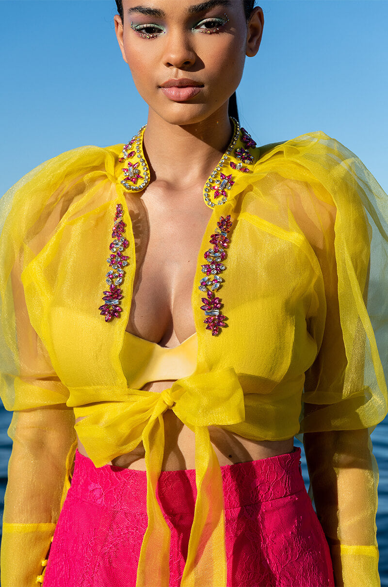 ANTOINETTE RHINESTONE TIE FRONT ORGANZA BLOUSE