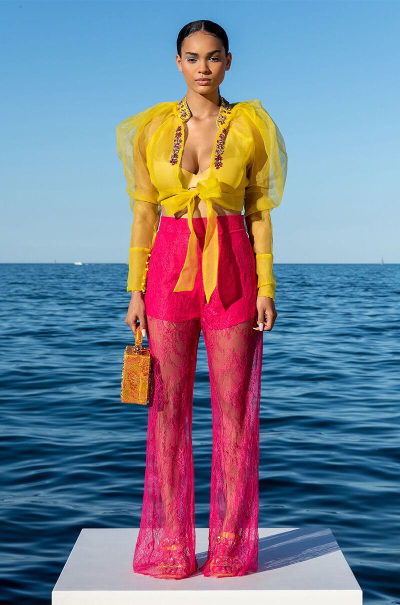 ANTOINETTE RHINESTONE TIE FRONT ORGANZA BLOUSE