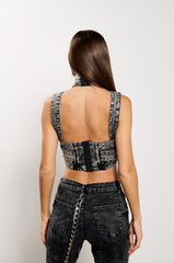 DONITA DENIM HALTER NECK CROP TOP