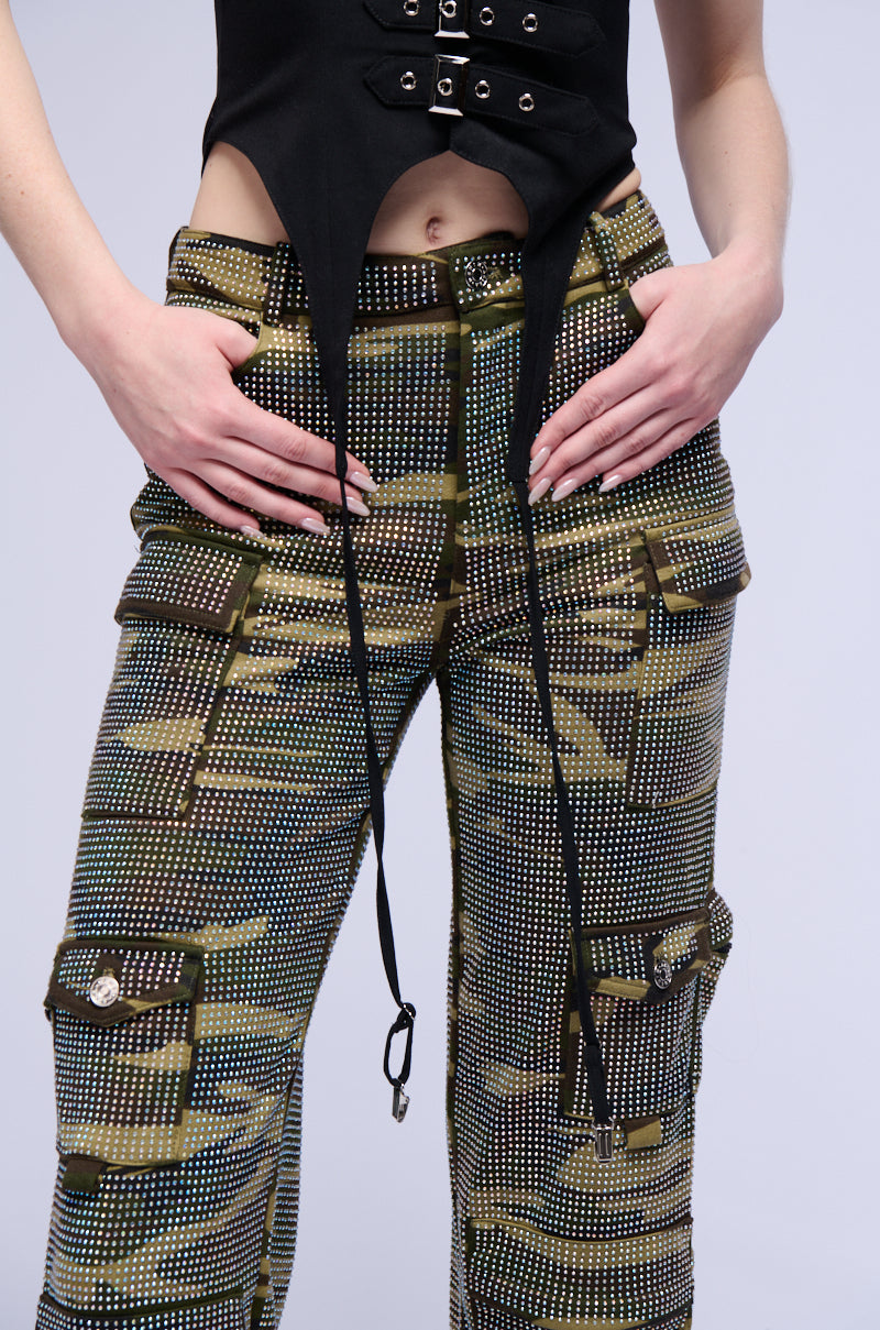 DOWN AND DIRTY CAMO WIDE LEG RHINESTONE CARGO PANT