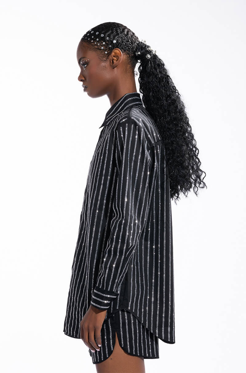 DRIPPIN RHINESTONE PINSTRIPE BUTTON UP