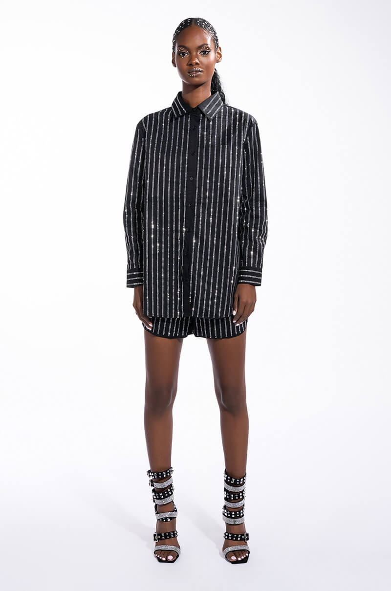 DRIPPIN RHINESTONE PINSTRIPE BUTTON UP