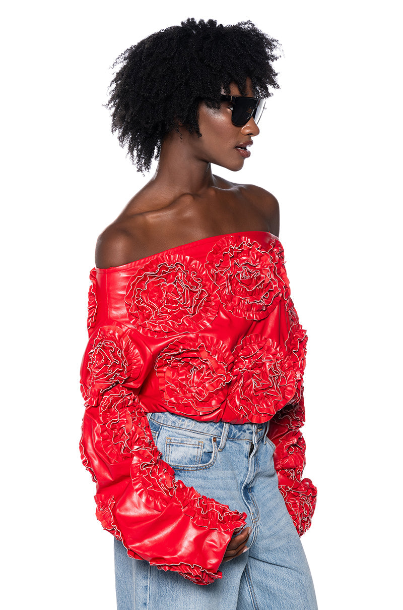 EASY FAUX LEATHER OFF THE SHOULDER SWEATSHIRT