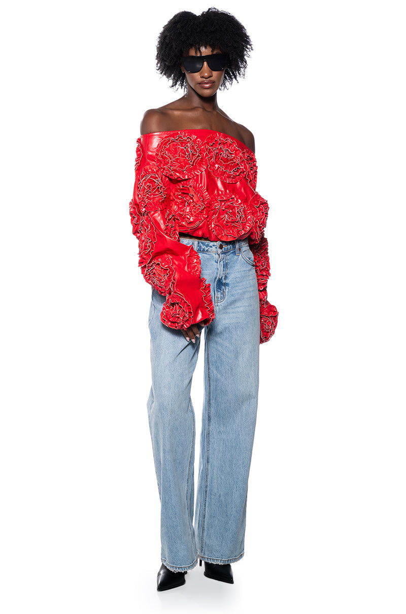 EASY FAUX LEATHER OFF THE SHOULDER SWEATSHIRT