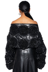 EASY FAUX LEATHER OFF THE SHOULDER SWEATSHIRT