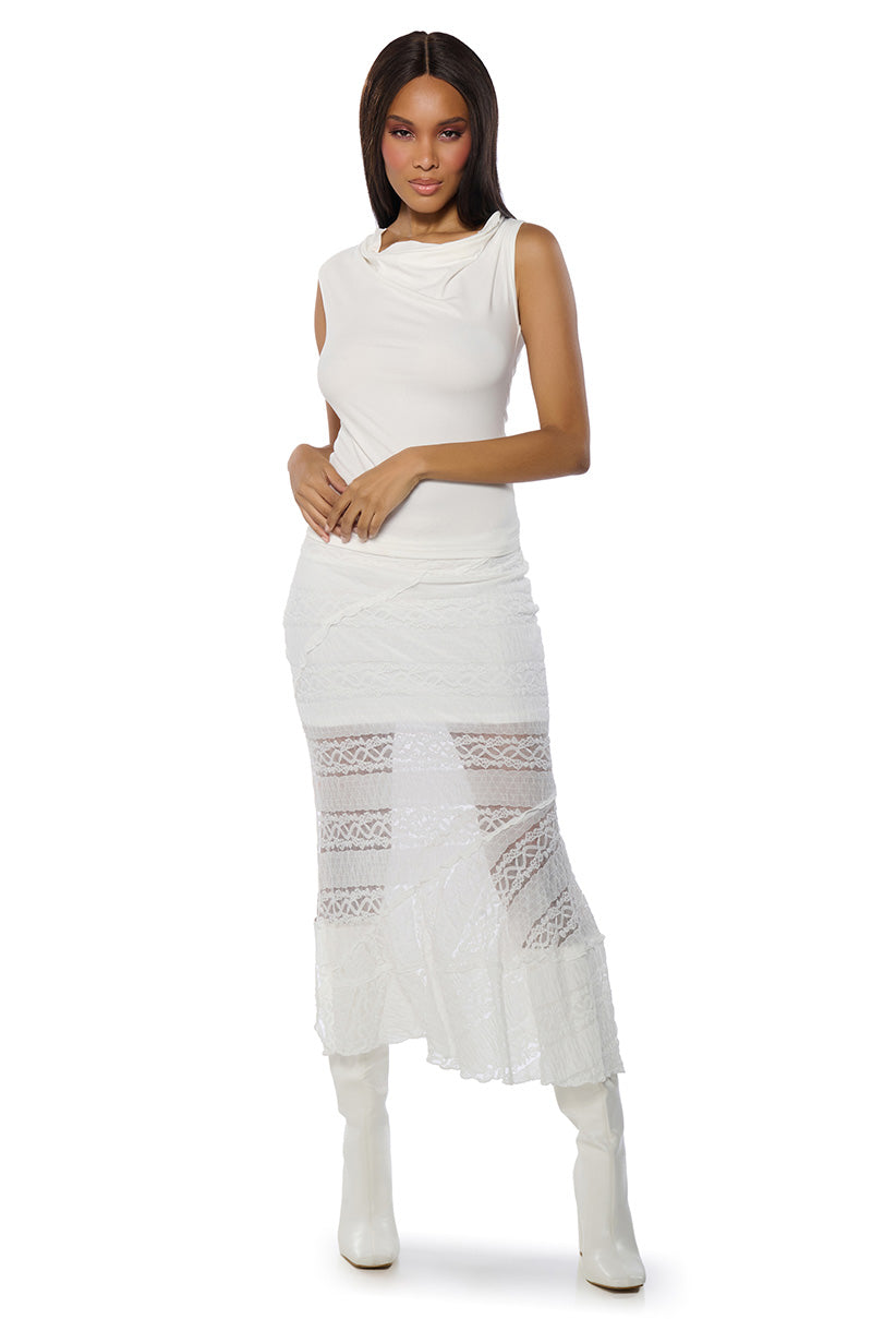 EMELIA LACE TRIM TIERED MIDI SKIRT