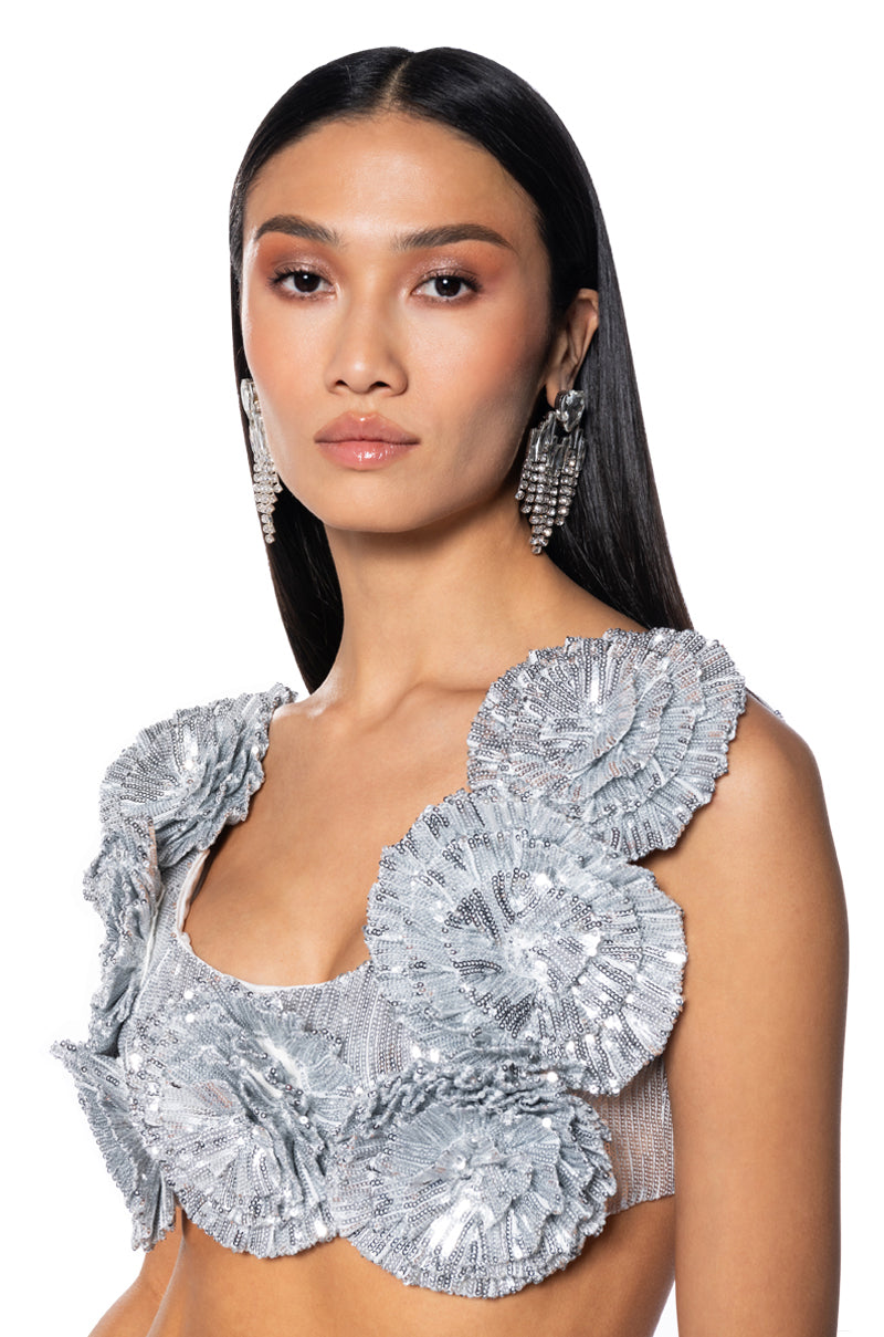 EVERY ROSE SEQUIN CROP TOP IN SILVER