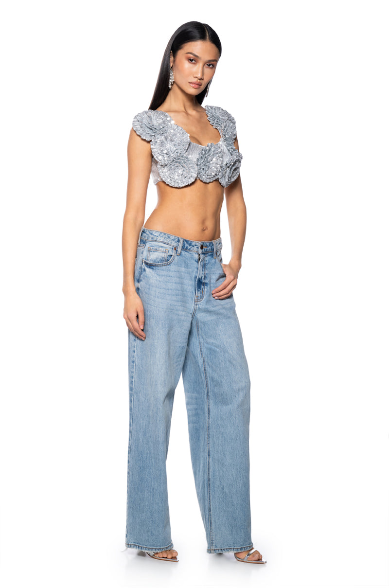 EVERY ROSE SEQUIN CROP TOP IN SILVER