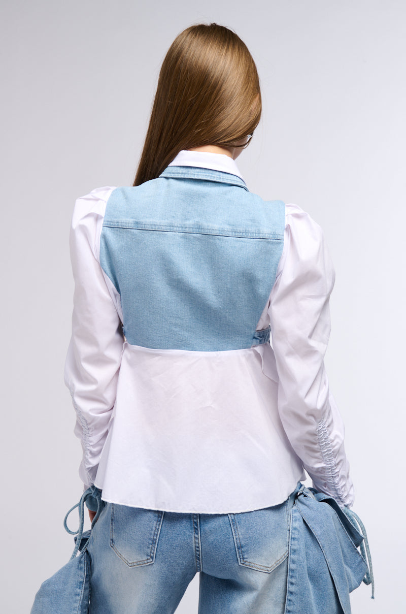 FAITH DENIM TIE POPLIN BLOUSE